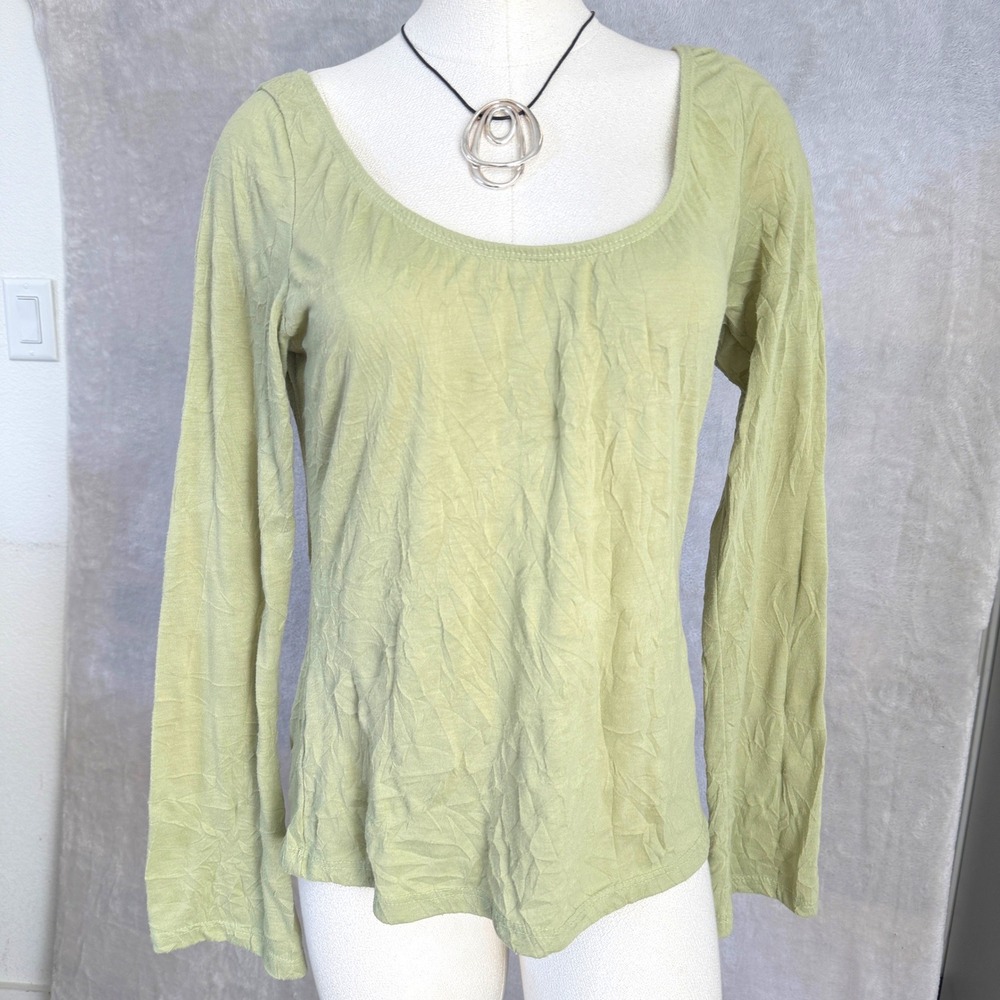 Y2K Green Crinkle Texture Long Sleeve Top Womens Medium USA Chartreuse Fairy